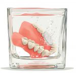 Dentures sitting in a cup getting cleaned.