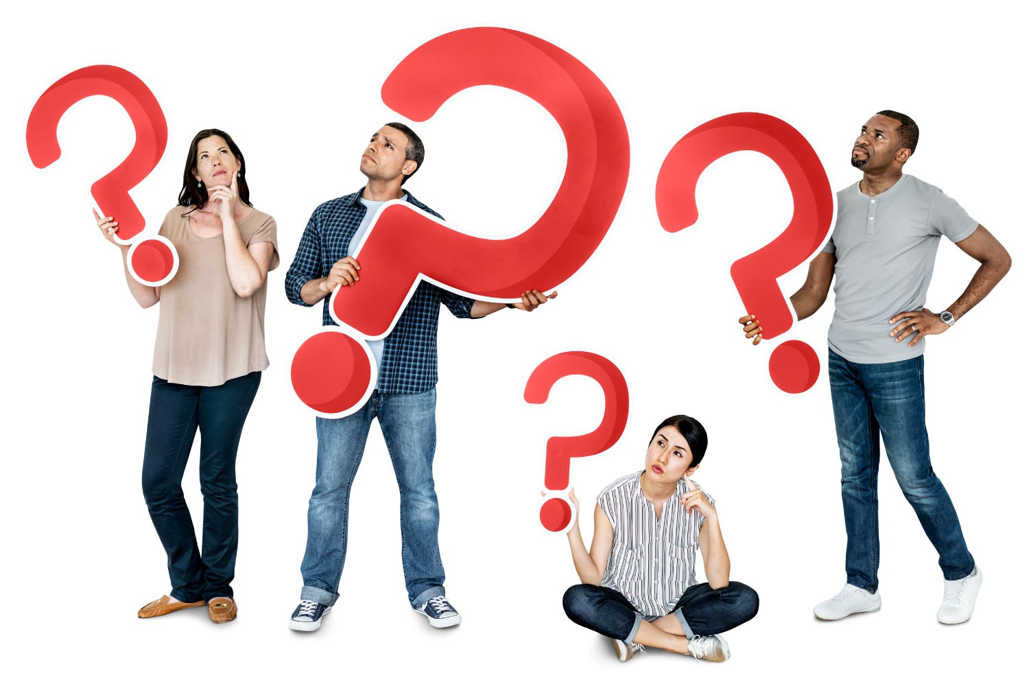 Diverse group of people hold up big red question marks as they think of questions to ask their dental hygienist