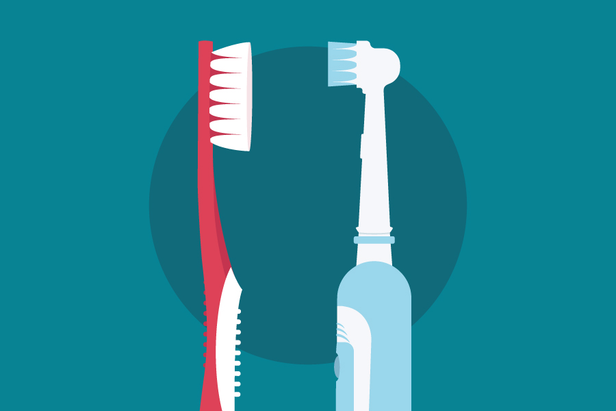 Illustration of a manual toothbrush vs. an electric toothbrush