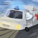 Illustration of a tooth driving an ambulance to represent a dental emergency