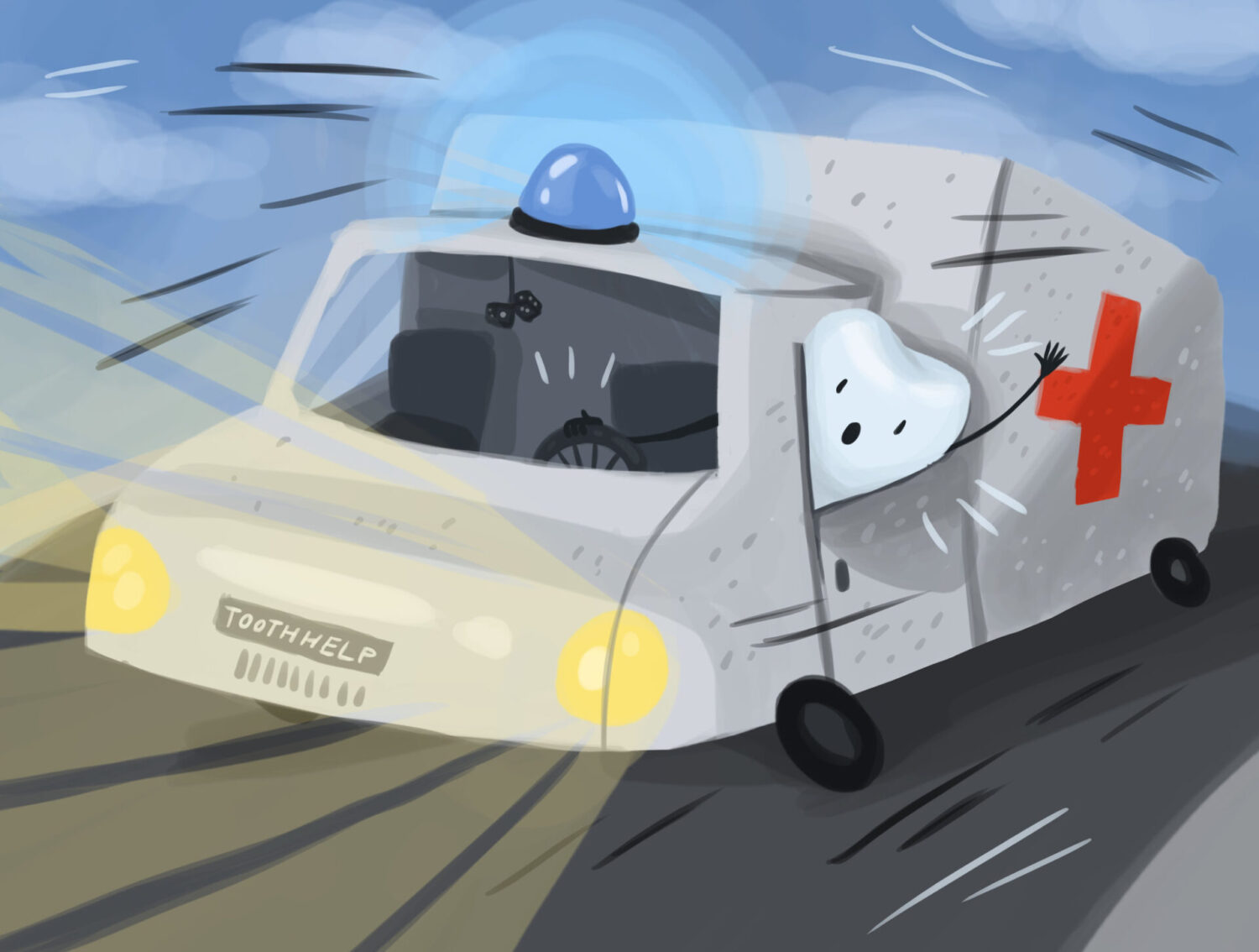 Illustration of a tooth driving an ambulance to represent a dental emergency