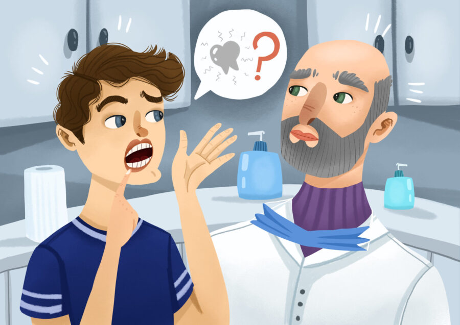 Illustration of a patient complaining to his dentist about a loose tooth