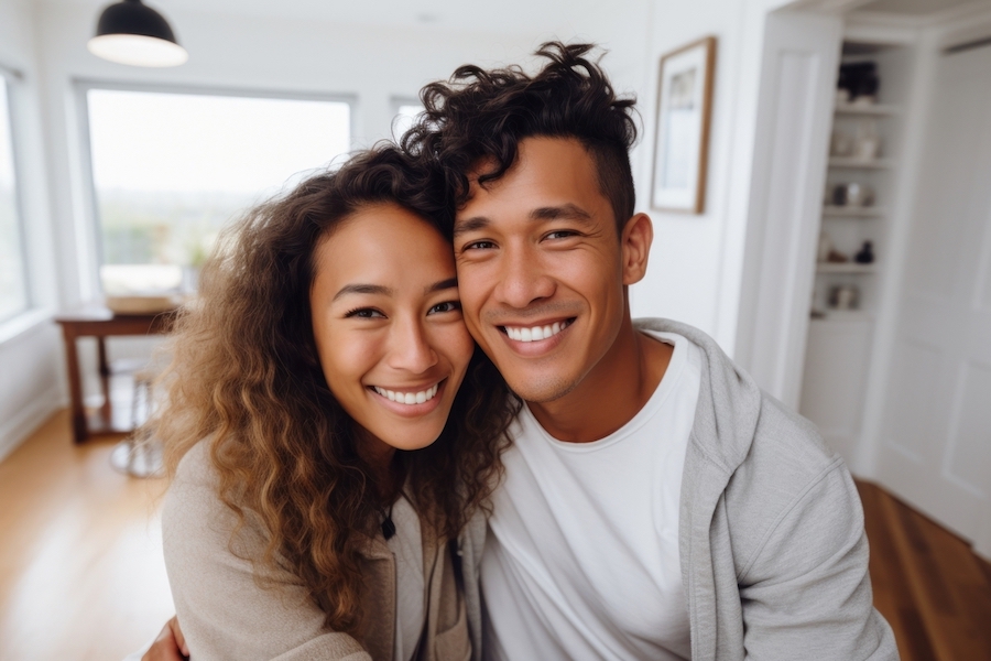 Brown couple with white teeth smile in our their home